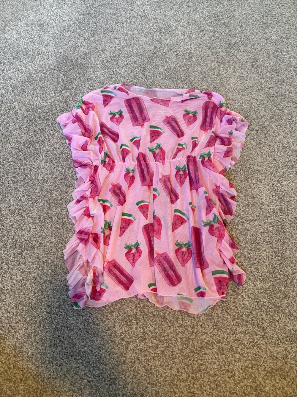 SHEIN Pink Fruit Print Ruffle Sleeve Girls Top